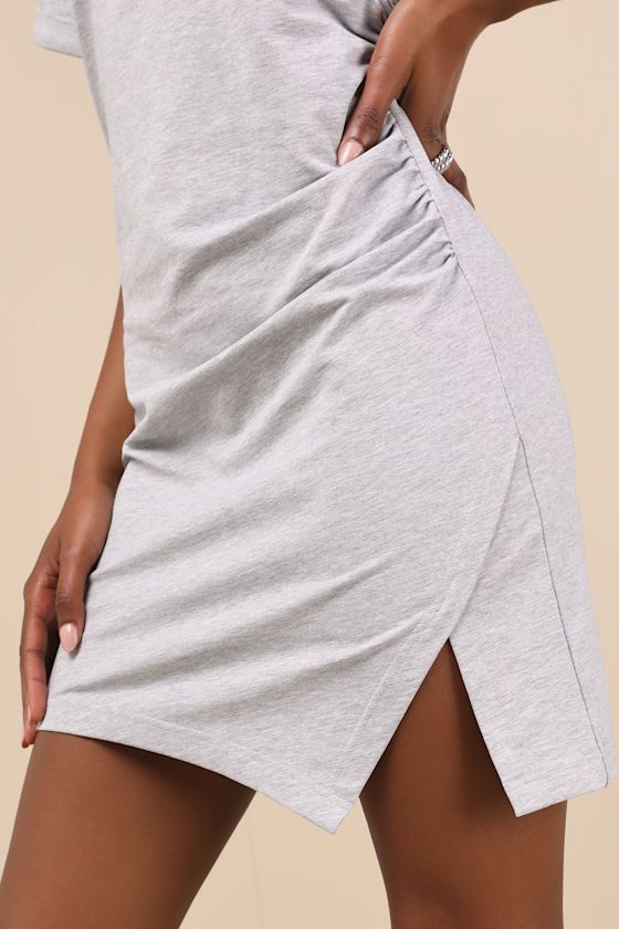 Lulus Effortless Approach Heather Grey Ruched Short Sleeve Mini Dress In Heather Grey