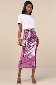 Dazzling Appearance Pink Sequin High Rise Midi Skirt 5