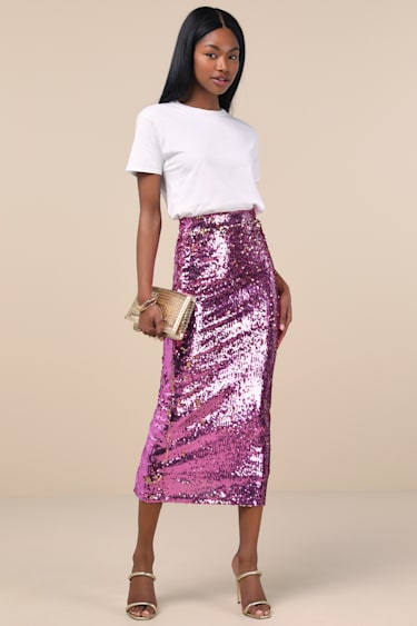 Dazzling Appearance Pink Sequin High Rise Midi Skirt