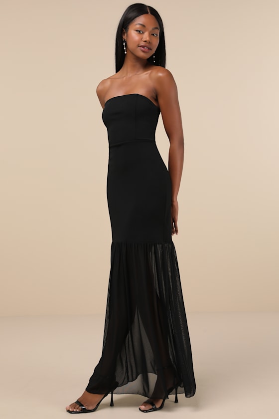 Lulus Sadiya Black Strapless Mixed Media Maxi Dress In Black