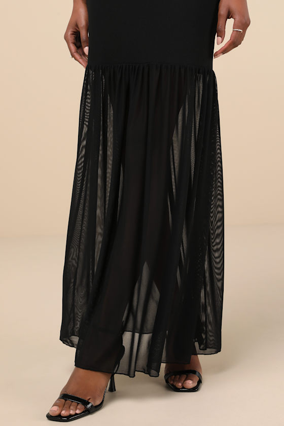 Lulus Sadiya Black Strapless Mixed Media Maxi Dress In Black