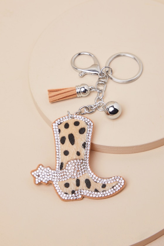 Cowgirl Up Beige Leopard Print Western Boot Keychain 1