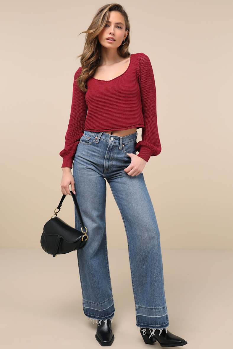 Best Essence Burgundy Knit Long Sleeve Sweater Top