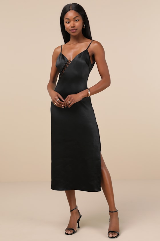 Lulus Tempting Silhouette Black Satin Lace-up Midi Dress In Black