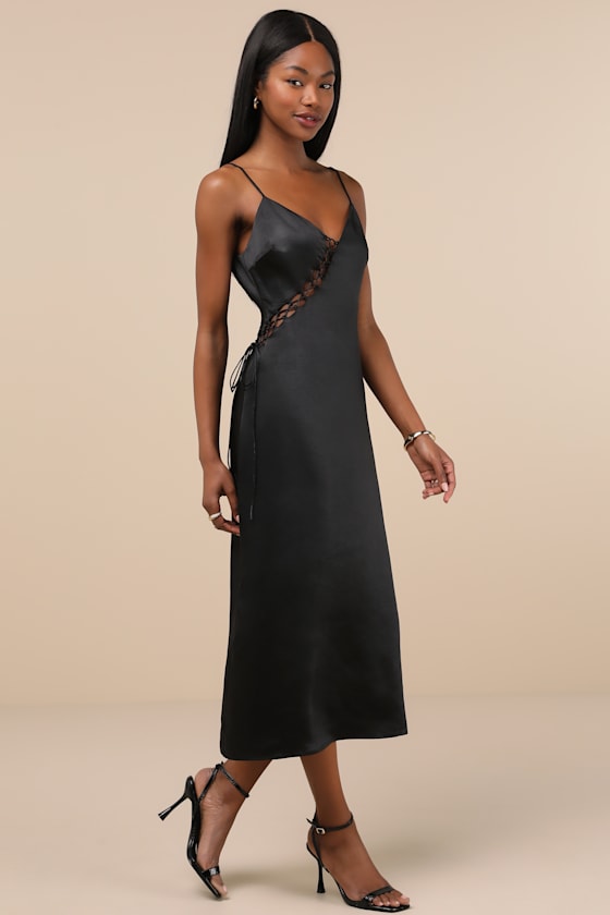 Lulus Tempting Silhouette Black Satin Lace-up Midi Dress In Black