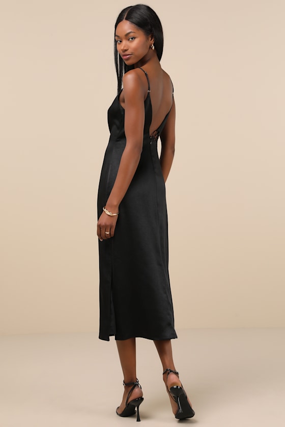 Lulus Tempting Silhouette Black Satin Lace-up Midi Dress In Black