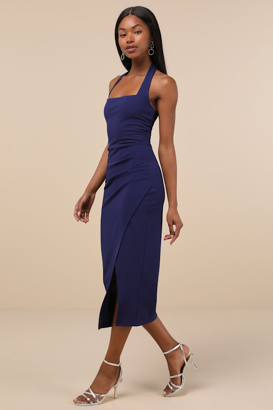 Lulus Prominent Charm Navy Halter Bodycon Tulip Midi Dress In Navy
