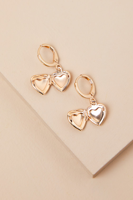 LULUS DEAREST ADDITION GOLD HEART LOCKET HUGGIE HOOP EARRINGS