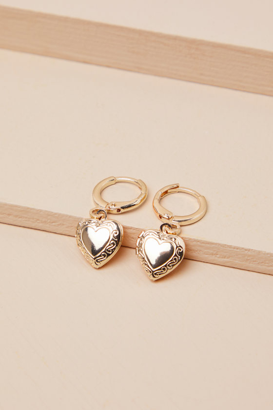 LULUS DEAREST ADDITION GOLD HEART LOCKET HUGGIE HOOP EARRINGS