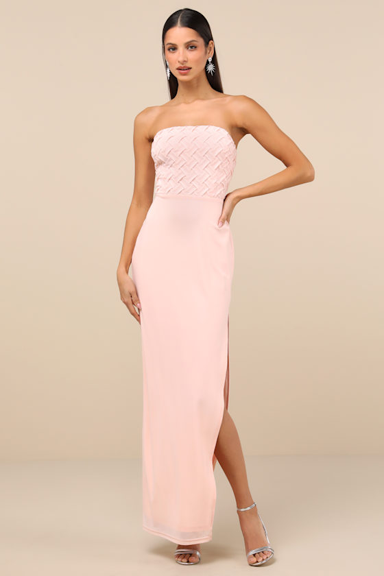 Image of Stunning Concept Light Pink Mesh Rhinestone Strapless Maxi Dress