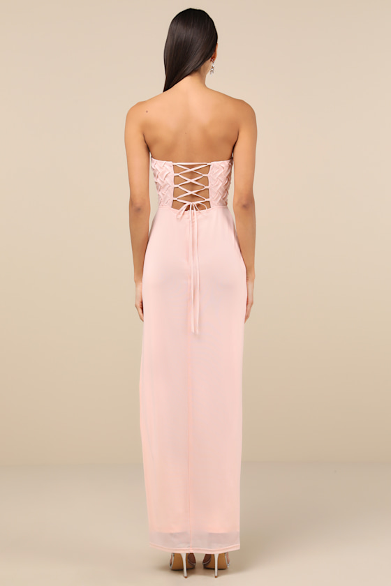 Stunning Concept Light Pink Mesh Rhinestone Strapless Maxi Dress 3