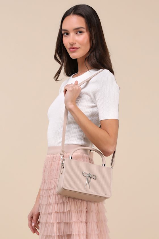 Shop Lulus Glam Impression Beige Rhinestone Bow Handbag
