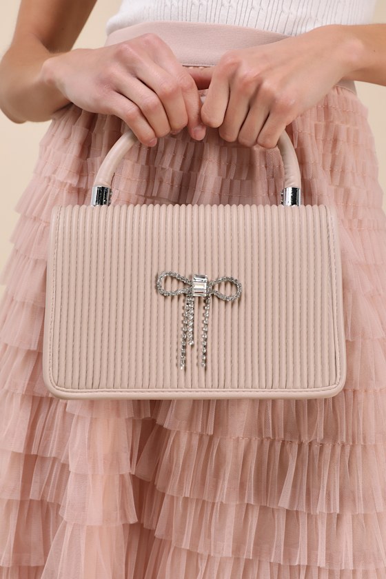 Shop Lulus Glam Impression Beige Rhinestone Bow Handbag