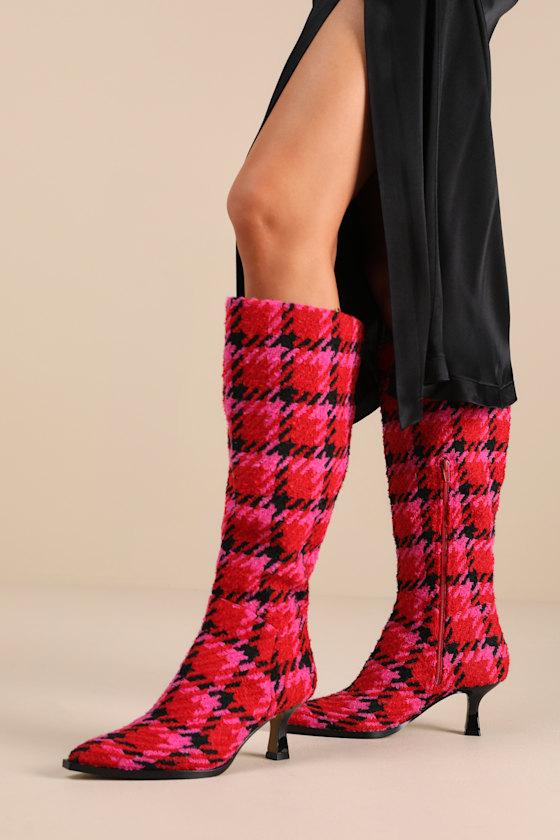 BETSEY JOHNSON PAMELLA FUCHSIA PLAID TWEED KNEE-HIGH BOOTS