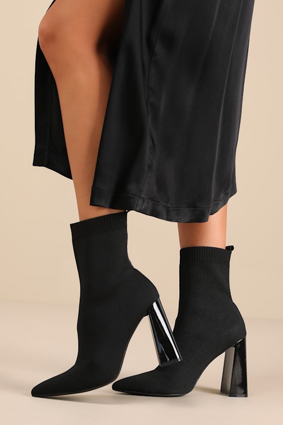 Feliciaa Black Ribbed Knit Pointed-Toe Sock Boots 1