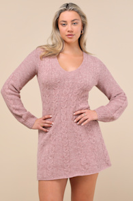 Snuggly Chic Mauve Cable Knit Long Sleeve Sweater Mini Dress 2