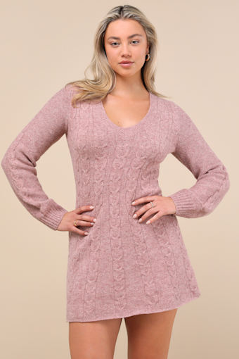 Snuggly Chic Mauve Cable Knit Long Sleeve Sweater Mini Dress 2