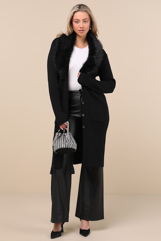 Black Ribbed Coatigan - Longline Cardigan - Faux Fur Collar Cardi