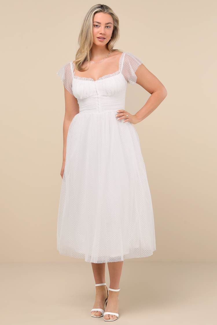 Regal Radiance White Tulle Bustier Midi Dress