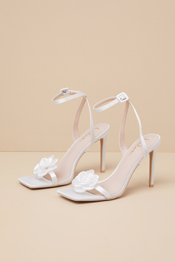 Lulus Aerianna White Satin Rosette Ankle Strap Sandals In White
