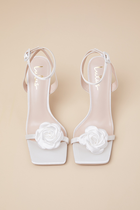Lulus Aerianna White Satin Rosette Ankle Strap Sandals In White