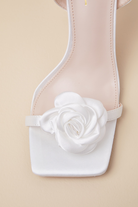 Lulus Aerianna White Satin Rosette Ankle Strap Sandals In White