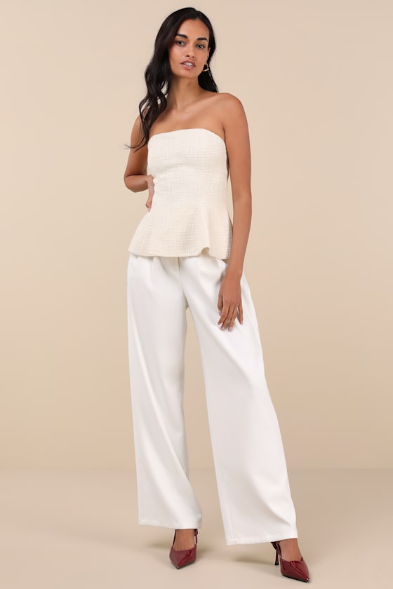 Cream Tweed Top - Strapless Peplum Top - Tweed Peplum Top