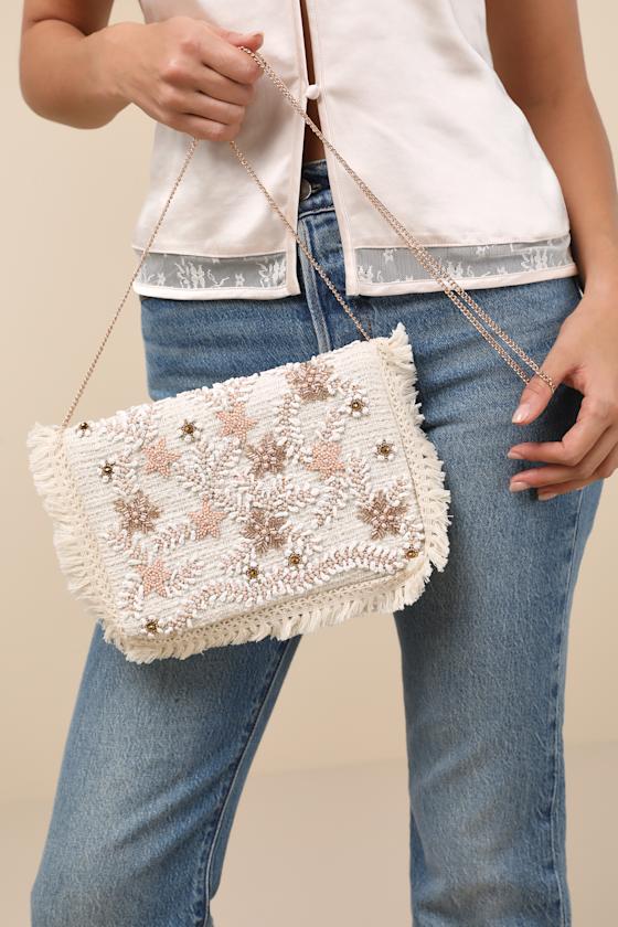LULUS SABRIYYA CREAM TWEED BEADED FRINGE CLUTCH