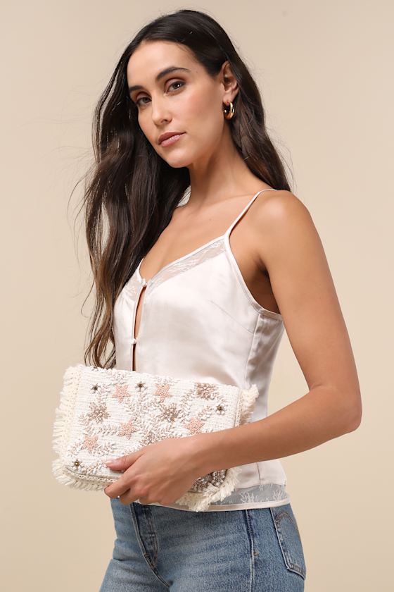 LULUS SABRIYYA CREAM TWEED BEADED FRINGE CLUTCH