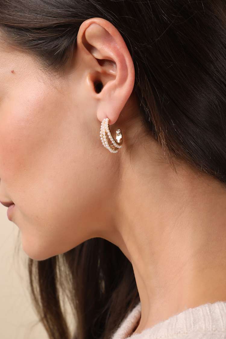 Glowing Addition Gold Pearl Layered Hoop Earrings
