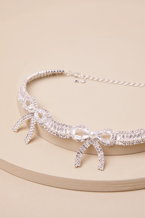 Definite Brilliance Silver Rhinestone Bow Choker Necklace 4