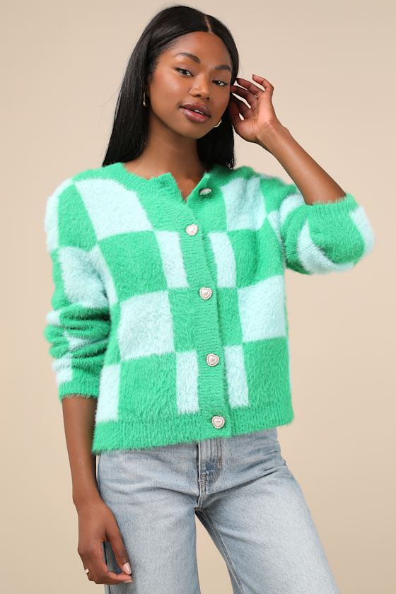 Cherished Crush Green and Blue Checkered Eyelash Knit Cardigan 3