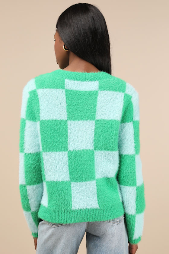 Cherished Crush Green and Blue Checkered Eyelash Knit Cardigan 1