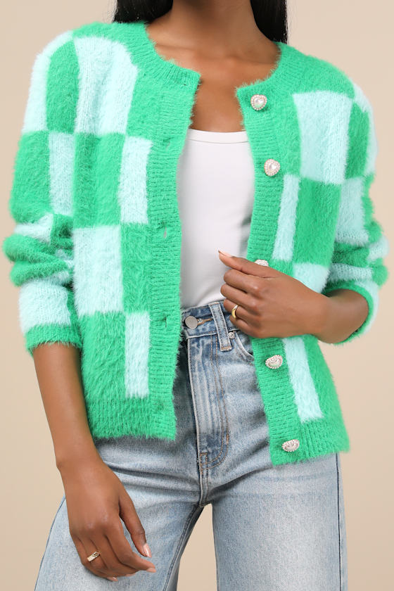 LULUS CHERISHED CRUSH GREEN AND BLUE CHECKERED EYELASH KNIT CARDIGAN
