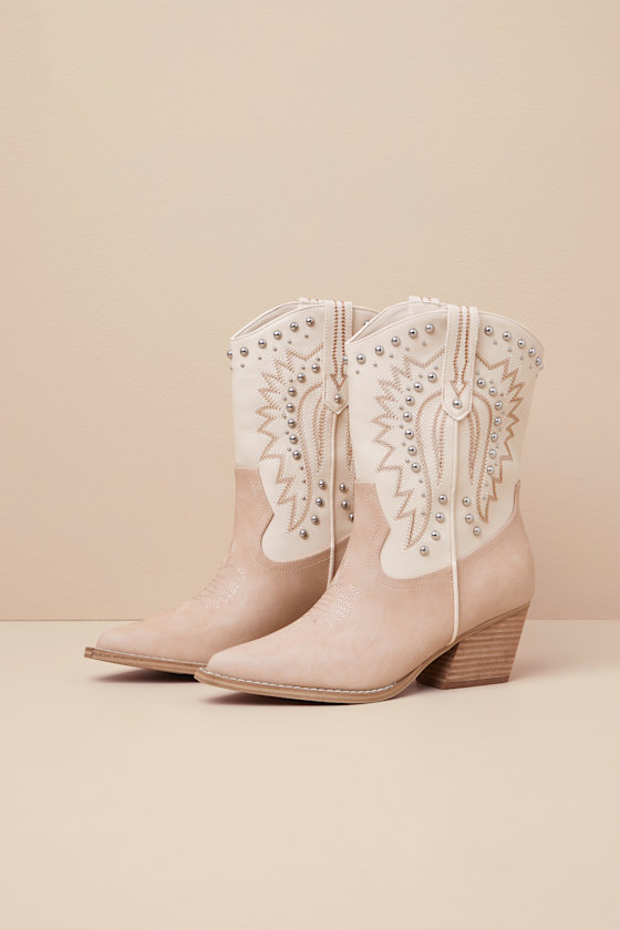 Dolce Vita Aledo Sand Multi Suede Studded Mid-calf Western Boots In Sand