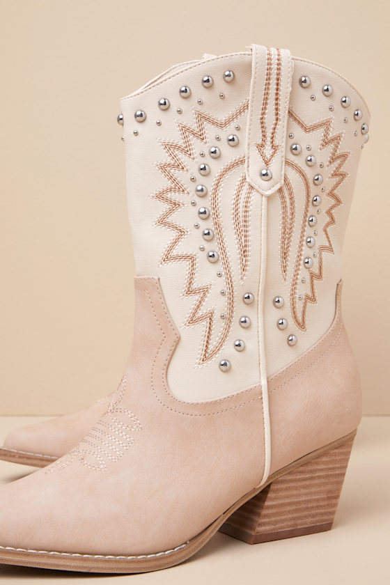 Dolce Vita Aledo Sand Multi Suede Studded Mid-calf Western Boots In Sand
