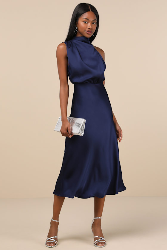 Image of Distinctive Charm Navy Satin Asymmetrical Midi Dress