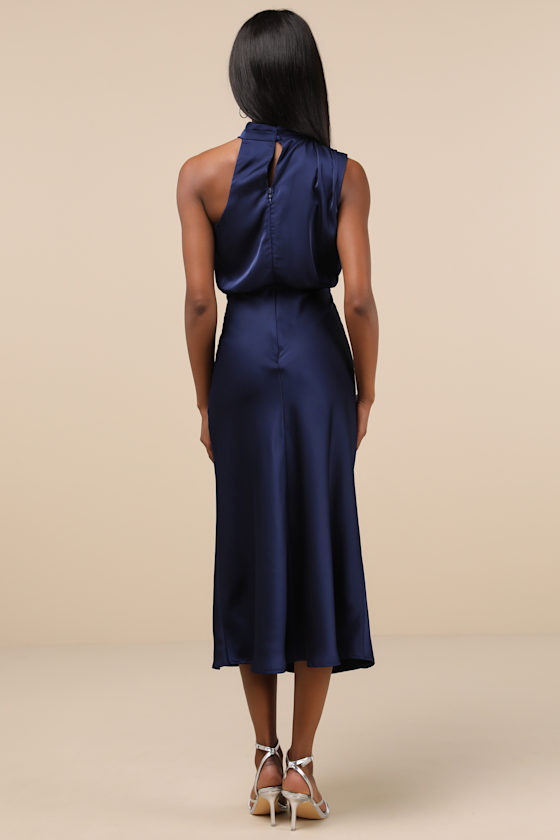 Shop Lulus Distinctive Charm Navy Satin Asymmetrical Midi Dress