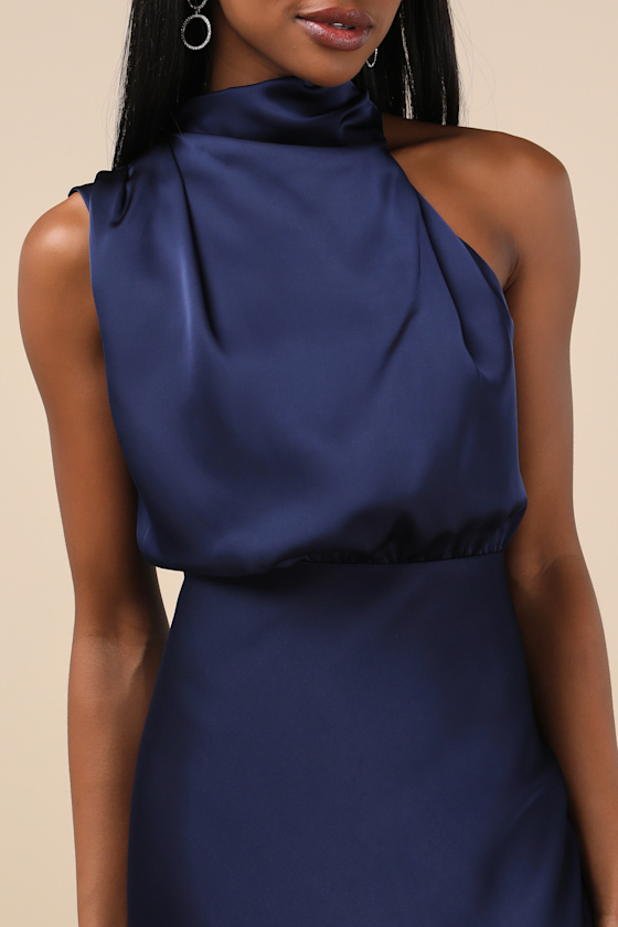 Shop Lulus Distinctive Charm Navy Satin Asymmetrical Midi Dress