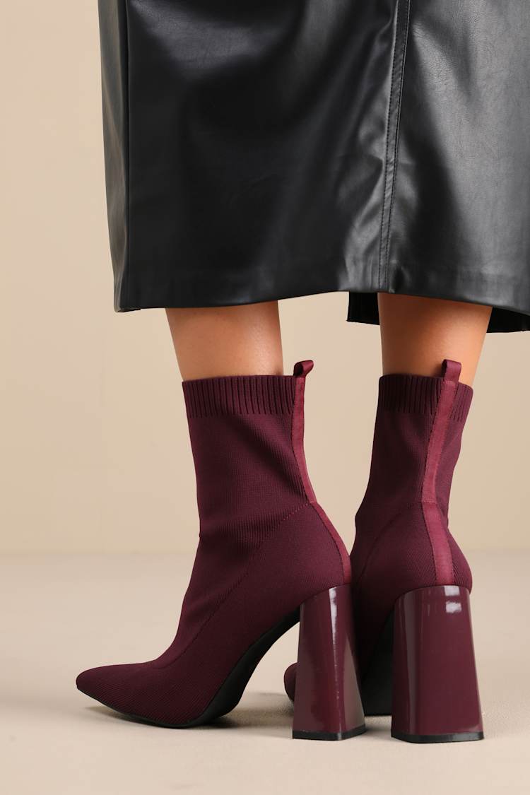 Feliciaa Wine Ribbed Knit Pointed-Toe Sock Boots
