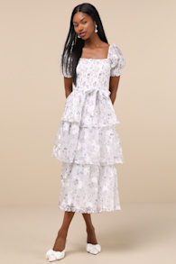 Darling Posture White Floral Tiered Puff Sleeve Midi Dress