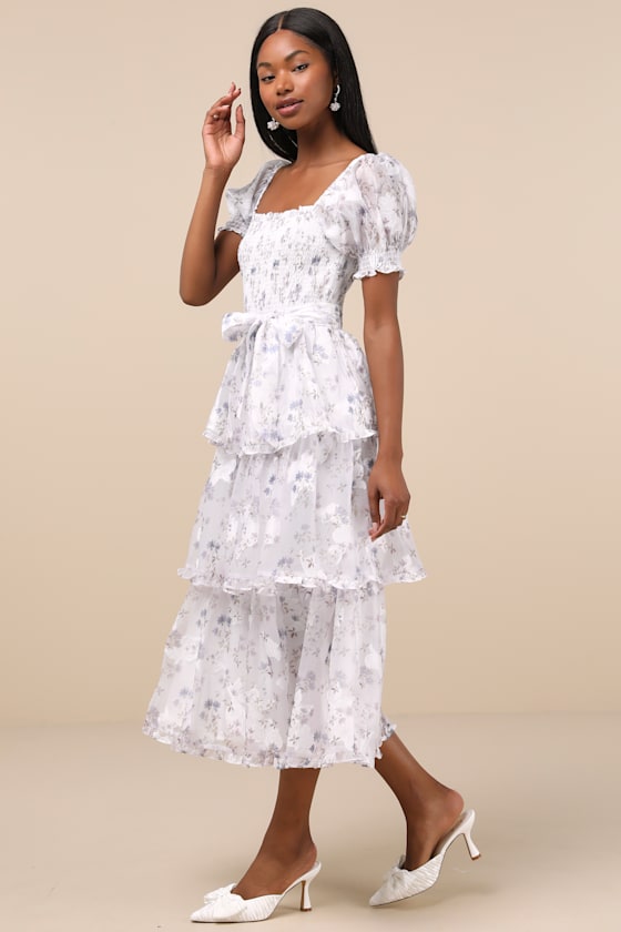 Lulus Darling Posture White Floral Tiered Puff Sleeve Midi Dress In White