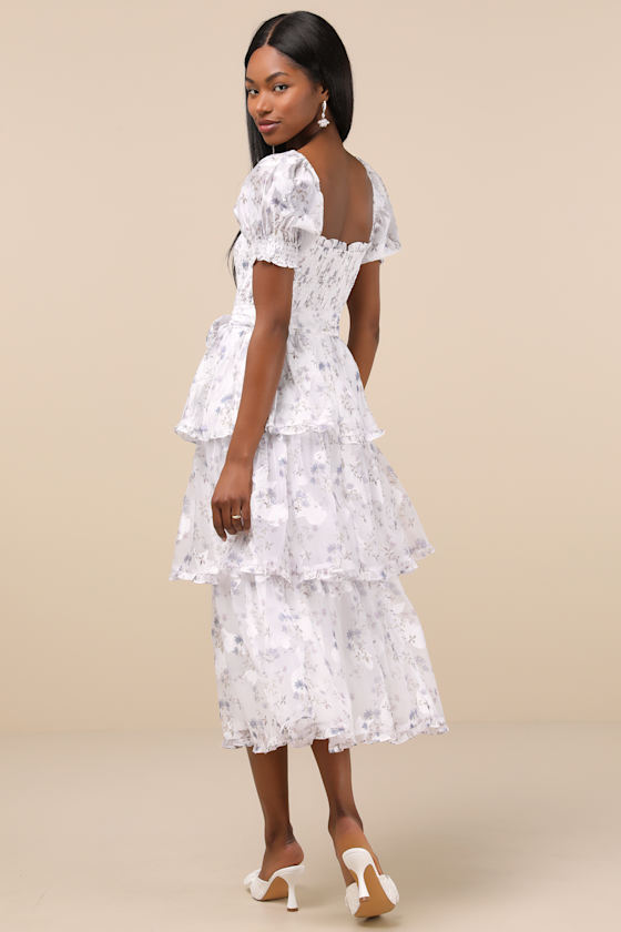 Lulus Darling Posture White Floral Tiered Puff Sleeve Midi Dress In White