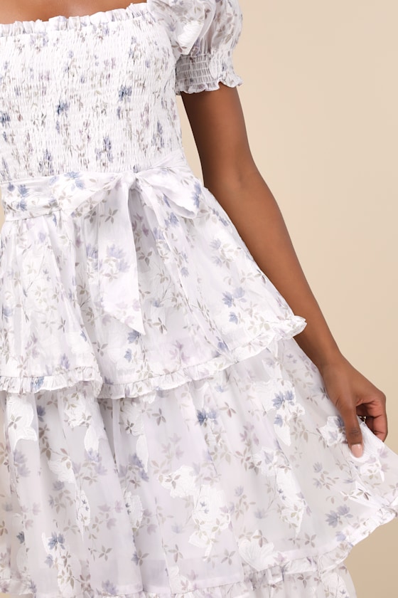 Lulus Darling Posture White Floral Tiered Puff Sleeve Midi Dress In White
