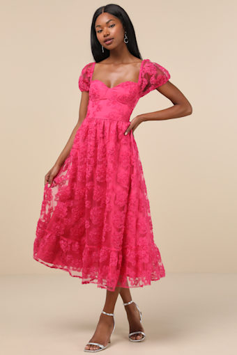 Notable Elegance Fuchsia Mesh Floral Applique Bustier Midi Dress 4
