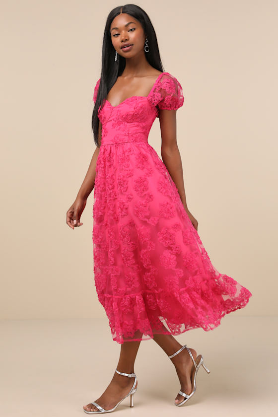 LULUS NOTABLE ELEGANCE FUCHSIA MESH FLORAL APPLIQUE BUSTIER MIDI DRESS