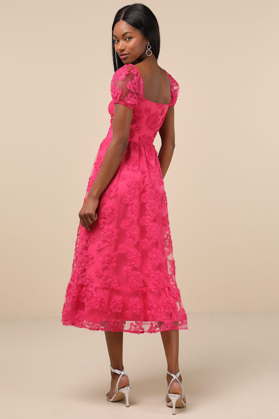LULUS NOTABLE ELEGANCE FUCHSIA MESH FLORAL APPLIQUE BUSTIER MIDI DRESS