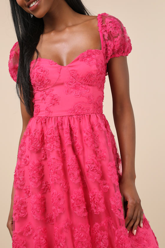 LULUS NOTABLE ELEGANCE FUCHSIA MESH FLORAL APPLIQUE BUSTIER MIDI DRESS