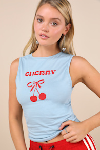Leen Light Blue Cherry Graphic Tank Top 2