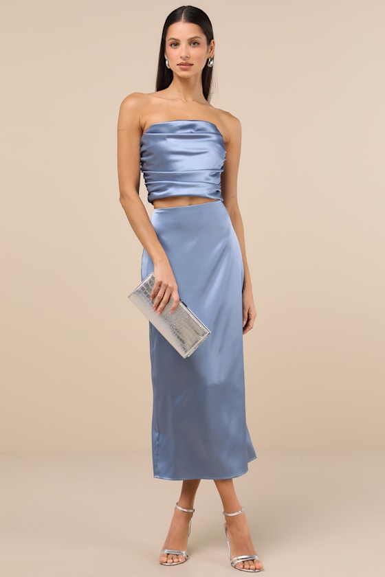 Demure Sweetie Slate Blue Satin Strapless Two-Piece Midi Dress 1